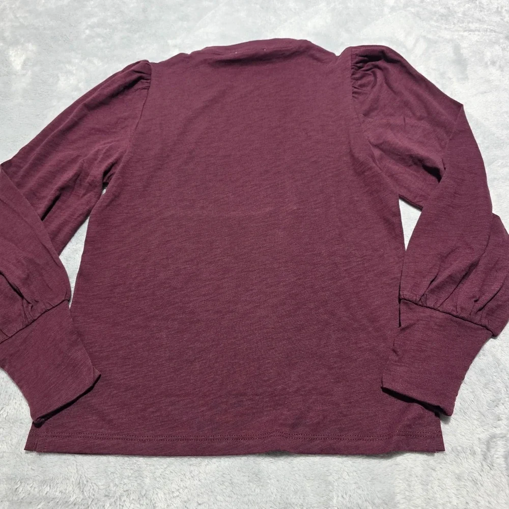 Madewell Women XXS Burgundy Puff‎ Sleeve Smocked Cuff Soft Slub Cotton Top
